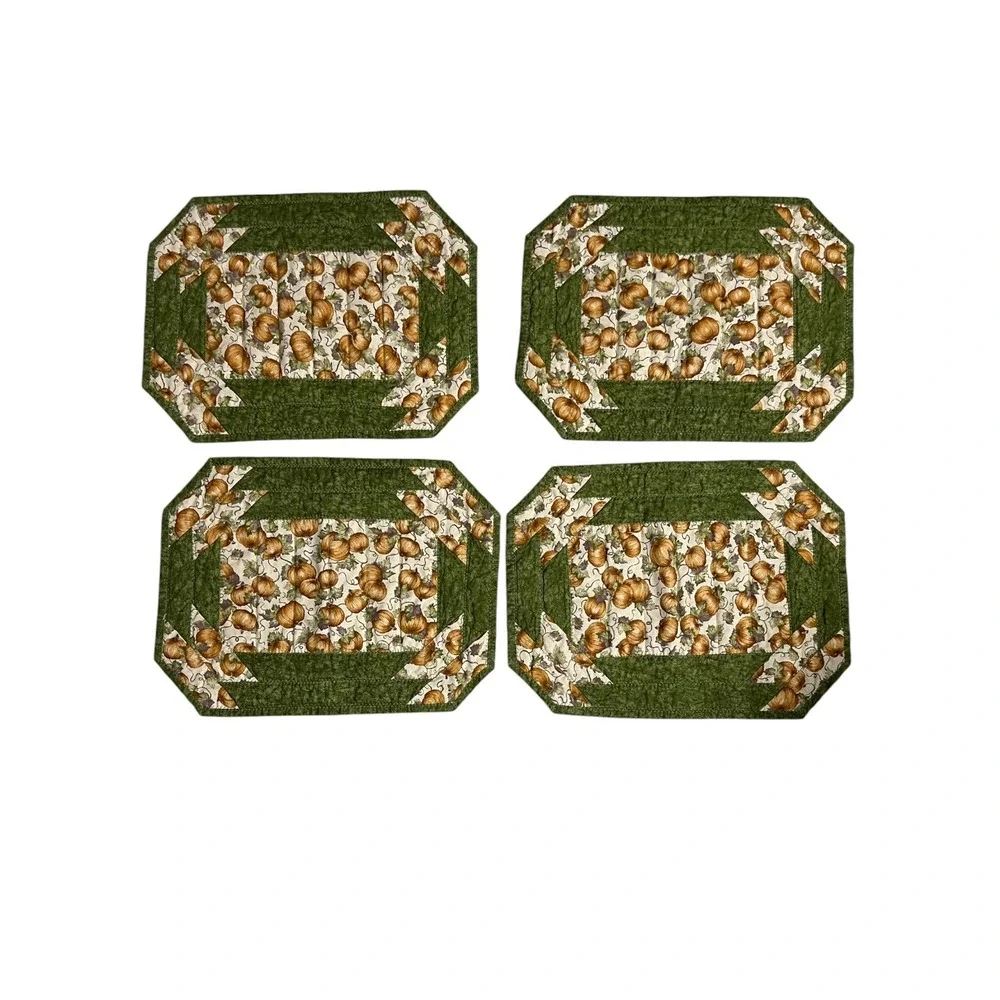 Handmade Quilted Pumpkin Placemats Set of 4 Green Orange Fall Harvest Decor
